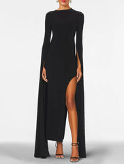 Sheath / Column Evening Gown Elegant Dress Formal Wedding Guest Floor Length Long Sleeve Jewel Neck Capes Stretch Chiffon with Shawl