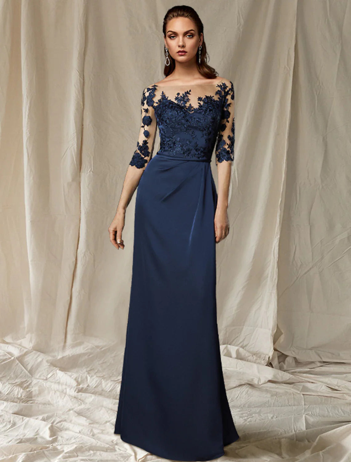 Aimishang  Sheath / Column Mother of the Bride Dress Wedding Guest Plus Size Elegant Jewel Neck Sweep / Brush Train Chiffon Half Sleeve with Appliques Fall
