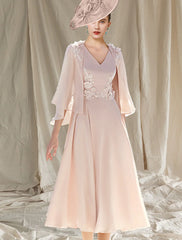 Aimishang  Two Piece A-Line Mother of the Bride Dress Wedding Guest Church Elegant V Neck Tea Length Chiffon Sleeveless Wrap Included with Appliques