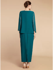 Aimishang  Sheath / Column Mother of the Bride Dress Wedding Guest Elegant Simple Jewel Neck Ankle Length Chiffon Long Sleeve with Split Front Ruching Solid Color