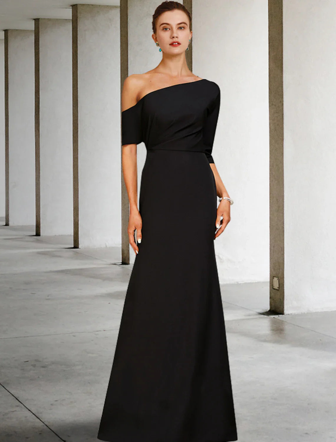 A-Line Mother of the Bride Dress Vintage Elegant One Shoulder Floor Length Charmeuse 3/4 Length Sleeve with Ruffles Side-Draped
