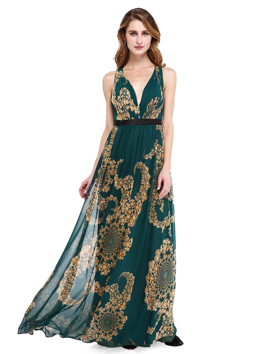 Aimishang A-Line Mother of the Bride Dress Floral Open Back V Neck Floor Length Chiffon Sleeveless No with Sash / Ribbon