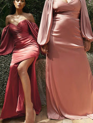Mermaid / Trumpet Bridesmaid Dress Off Shoulder Long Sleeve Pink Floor Length Chiffon / Satin