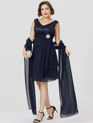 Aimishang A-Line Mother of the Bride Dress Classic & Timeless Plus Size Wrap Included V Neck Knee Length Chiffon Lace Sleeveless yes with Ruched Crystal Brooch