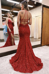 Mermaid / Trumpet Sexy Sparkle & Shine High Split Prom Formal Evening Dress Spaghetti Strap Sleeveless Floor Length Sequined