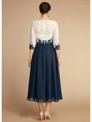 A-line Scoop Illusion Lace Chiffon Tea-Length Mother of the Bride Dress