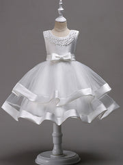 Knee Length Flower Girl Dresses With Faux Pearl Bow Beading
