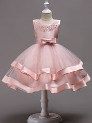 Knee Length Flower Girl Dresses With Faux Pearl Bow Beading