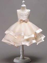 Knee Length Flower Girl Dresses With Faux Pearl Bow Beading