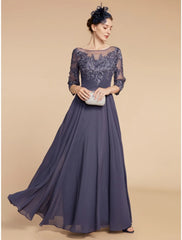 Aimishang A-Line Mother of the Bride Dress Wedding Guest Elegant Scoop Neck Floor Length Chiffon Lace 3/4 Length Sleeve with Ruching Solid Color