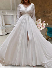 Aimishang Bridal Shower Little White Dresses Wedding Dresses A-Line Scoop Neck Long Sleeve Sweep / Brush Train Chiffon Bridal Gowns With Pleats Appliques