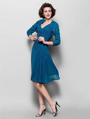 Aimishang  A-Line Mother of the Bride Dress Wrap Included V Neck Knee Length Chiffon 3/4 Length Sleeve with Criss Cross Side Draping Flower