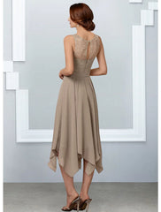 Aimishang A-Line Mother of the Bride Dress Elegant Jewel Neck Tea Length Chiffon Lace Half Sleeve with Pleats