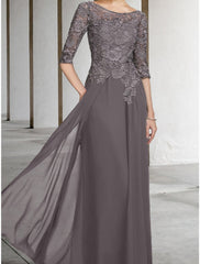 Aimishang A-Line Mother of the Bride Dress Wedding Guest Elegant Scoop Neck Floor Length Chiffon Lace Half Sleeve with Ruching Solid Color