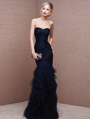 Mermaid Party Dress Sexy Formal Evening Dress Strapless Sleeveless Floor Length Tulle with Ruched