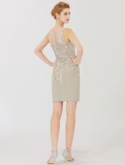 Aimishang  Sheath / Column Mother of the Bride Dress Formal Classic & Timeless Elegant & Luxurious Convertible Dress Illusion Neck Knee Length Chiffon All Over Lace Long Sleeve with Appliques
