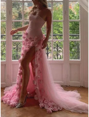 A-Line Prom Dresses Elegant Dress Formal Court Train Sleeveless Strapless Tulle with Slit With Flowers
