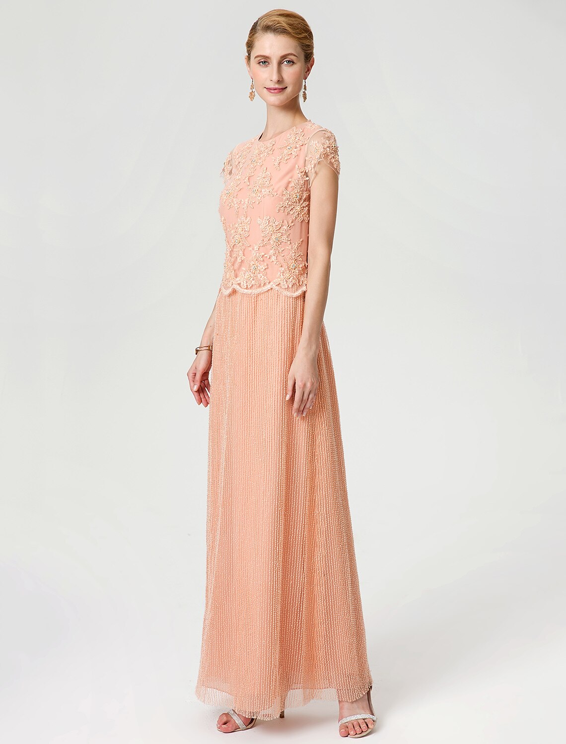 Aimishang Sheath / Column Mother of the Bride Dress Formal Vintage Inspired Jewel Neck Ankle Length Chiffon Beaded Lace Short Sleeve No with Lace Beading