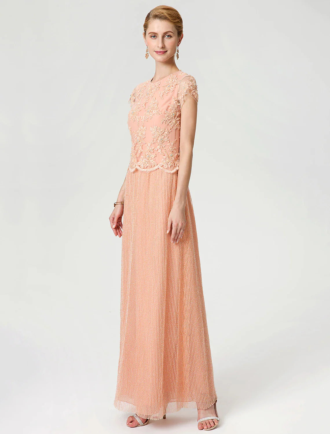 Aimishang  Sheath / Column Mother of the Bride Dress Formal Vintage Inspired Jewel Neck Ankle Length Chiffon Beaded Lace Short Sleeve No with Lace Beading