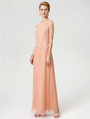 Aimishang  Sheath / Column Mother of the Bride Dress Formal Vintage Inspired Jewel Neck Ankle Length Chiffon Beaded Lace Short Sleeve No with Lace Beading