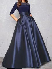 Aimishang Ball Gown Evening Gown Minimalist Dress Quinceanera Formal Evening Floor Length Half Sleeve Illusion Neck Fall Wedding Guest Satin with Pleats Lace Insert