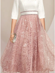 Aimishang A-Line Mother of the Bride Dress Wedding Guest Elegant Petite Scoop Neck Tea Length Chiffon Lace Half Sleeve with Sequin Ruching