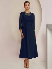 Aimishang  Two Piece A-Line Mother of the Bride Dress Formal Wedding Guest Elegant Scoop Neck Tea Length Chiffon Lace 3/4 Length Sleeve Jacket Dresses with Sash / Ribbon Appliques