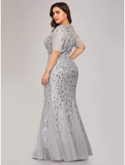 Aimishang Mermaid / Trumpet Empire Elegant Party Wear Formal Evening Dress Jewel Neck Short Sleeve Floor Length Tulle with Embroidery