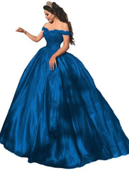 Ball Gown Luxurious Sexy Quinceanera Formal Evening Valentine's Day Dress Off Shoulder Short Sleeve Chapel Train Lace with Appliques