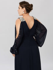Aimishang  Sheath / Column Mother of the Bride Dress Plus Size Elegant High Low V Neck Asymmetrical Chiffon Stretch Satin Long Sleeve with Criss Cross Crystals
