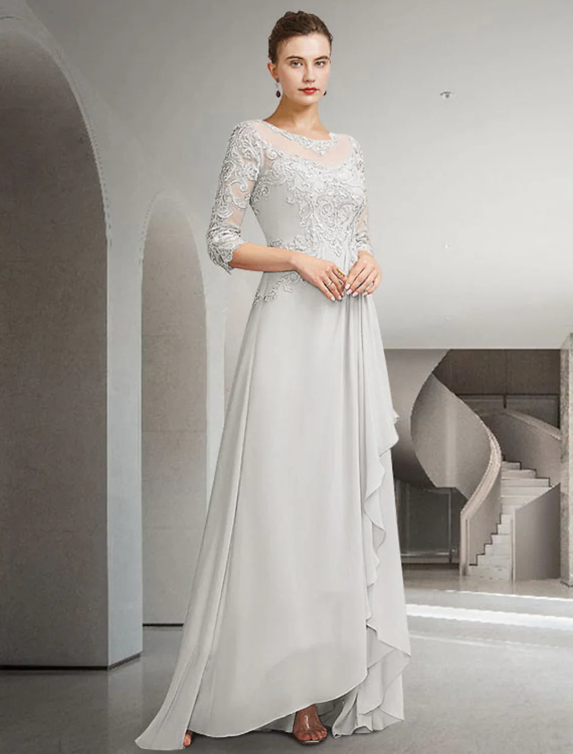 Aimishang A-Line Mother of the Bride Dress Elegant High Low Jewel Neck Sweep / Brush Train Asymmetrical Chiffon Lace 3/4 Length Sleeve with Pleats Appliques