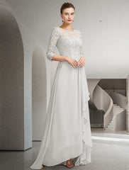 Aimishang A-Line Mother of the Bride Dress Elegant High Low Jewel Neck Sweep / Brush Train Asymmetrical Chiffon Lace 3/4 Length Sleeve with Pleats Appliques