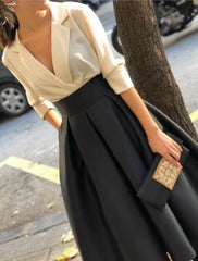 A-Line Evening Gown Elegant Dress Wedding Black Tie Floor Length Long Sleeve V Neck Fall Wedding Guest Satin with Ruched Pocket