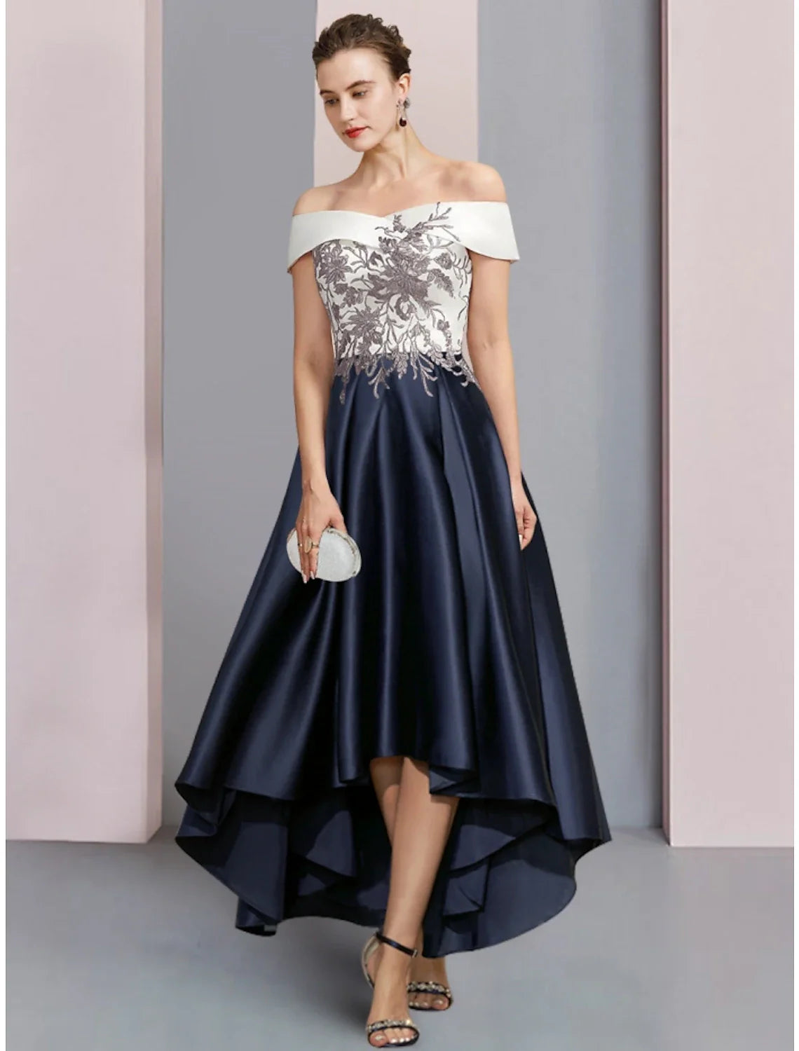 Aimishang  A-Line Mother of the Bride Dress Wedding Guest Elegant Off Shoulder Asymmetrical Ankle Length Satin Lace Short Sleeve with Ruching