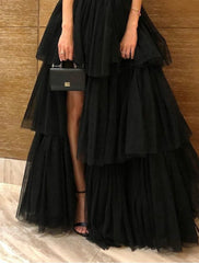 A-Line Evening Gown Tiered Plisse Dress Masquerade Prom Floor Length Sleeveless One Shoulder Black Dress Tulle with Slit