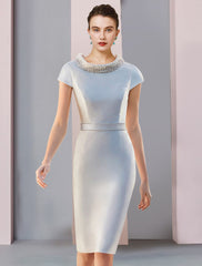 Aimishang  Two Piece Mother of the Bride Dress Wedding Guest Party Elegant Scoop Neck Knee Length Satin 3/4 Length Sleeve with Bow(s) Pearls