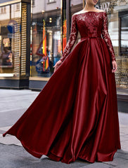 A-Line Evening Gown Party Dress Christmas Red Green Dress Elegant Dress Wedding Guest Fall Floor Length Long Sleeve Off Shoulder Belt / Sash Satin with Appliques 2025