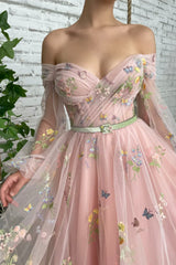 Pink Lace Long Sleeve Prom Dres, Cute A-Line Off the Shoulder Evening Dress