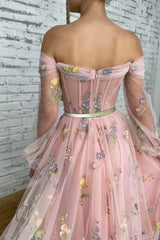 Pink Lace Long Sleeve Prom Dres, Cute A-Line Off the Shoulder Evening Dress