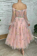 Pink Lace Long Sleeve Prom Dres, Cute A-Line Off the Shoulder Evening Dress