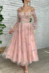 Pink Lace Long Sleeve Prom Dres, Cute A-Line Off the Shoulder Evening Dress