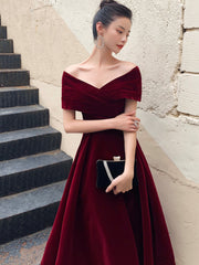 Burgundy V-Neck Velvet Long Prom Dress, Off Shoulder Evening Party Dress