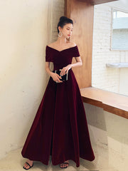 Burgundy V-Neck Velvet Long Prom Dress, Off Shoulder Evening Party Dress