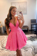 Pink V-Neck Sequins Short Prom Dresses, A-Line Party Dresses