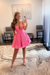 Pink V-Neck Sequins Short Prom Dresses, A-Line Party Dresses