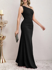 Tight corset pleated shoulder long gown evening dresses