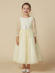 Lace 3/4 Length Sleeve A-Line Tea Length Party Dress with Sash Ribbon & Crystal Brooch