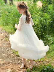 Lace 3/4 Length Sleeve Jewel Neck Ball Gown Flower Girl Dress