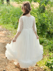 Lace 3/4 Length Sleeve Jewel Neck Ball Gown Flower Girl Dress