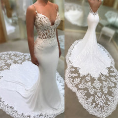 Lace Applique Mermaid Wedding Dress with Spaghetti-Straps V-Neck - New Arrival